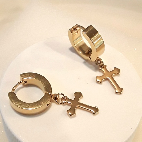 NEW Huggie Hoop Cathedral Cross Earrings - Picture 5 of 8